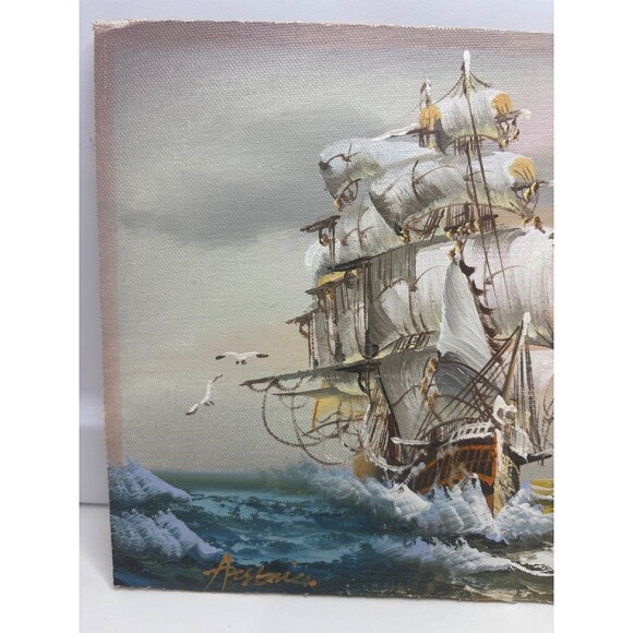 SMALL Original John Ambrose Painting Sailing Ship Signed Nautical Art 10x8 IN - Picture 2 of 8
